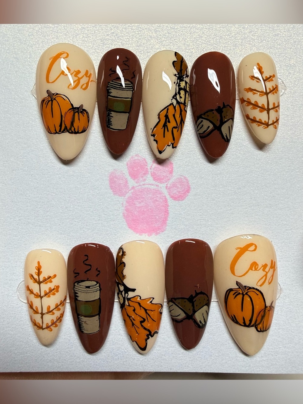 Fall Cozy Nail Art Set - Brown & Cream Autumn Press-Ons medium almond